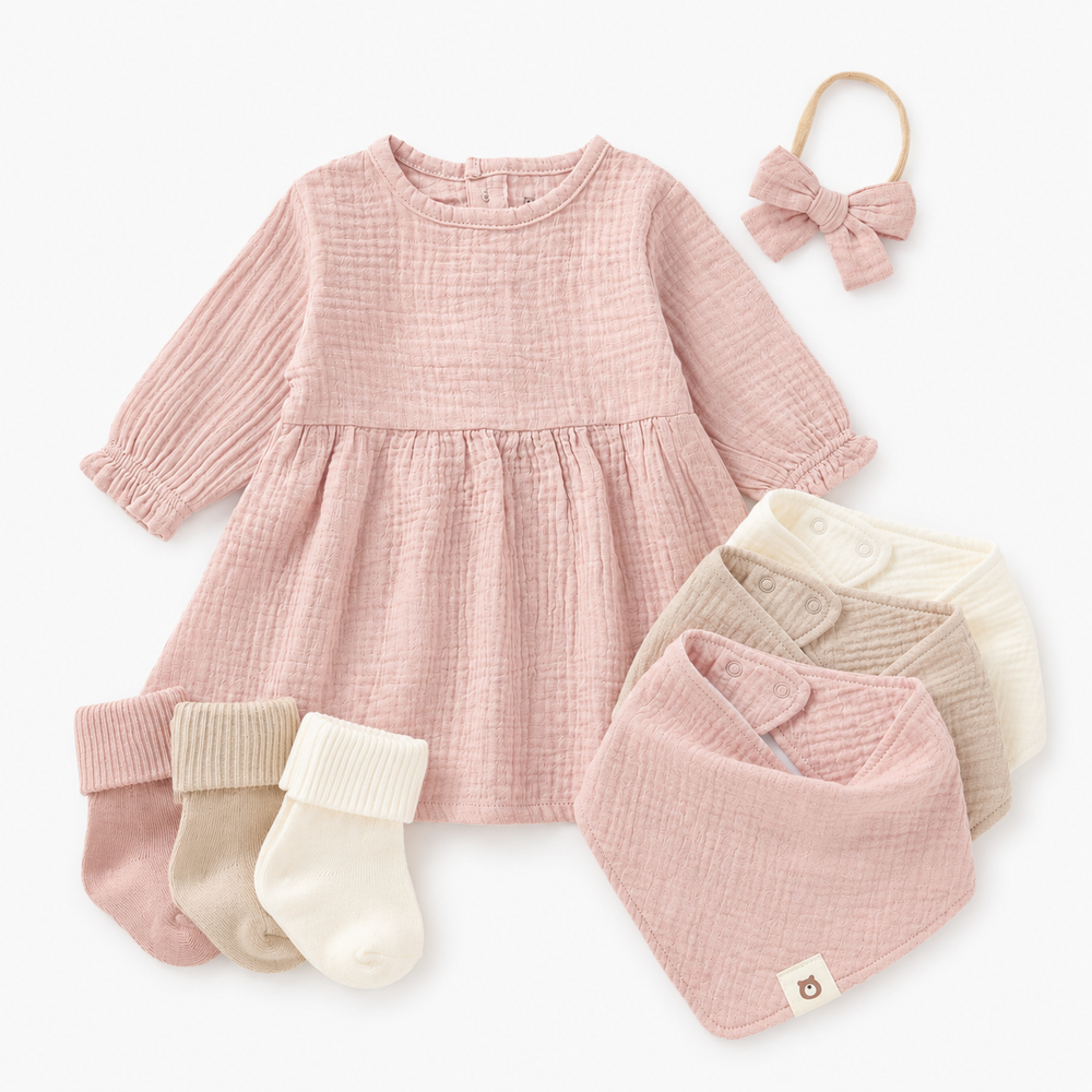 JBØRN Organic Cotton Muslin Dress & Accessories Bundle Muslin Dress Outfit Bundle | Blush - Personalisable Baby Products Sold and Personalised by JustBørn