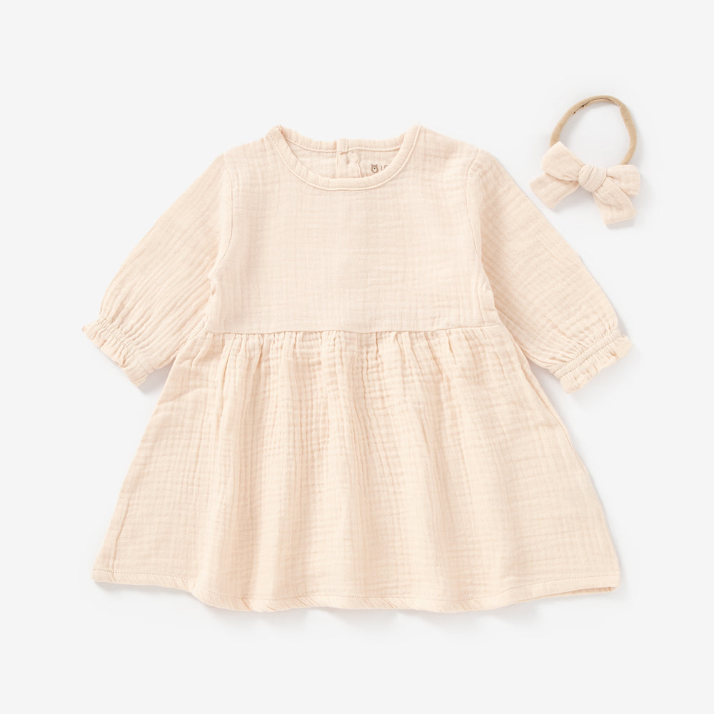 JBØRN Organic Cotton Muslin Baby Girl Dress and Bow Pink Cream Muslin - Personalisable Baby Products Sold and Personalised by JustBørn