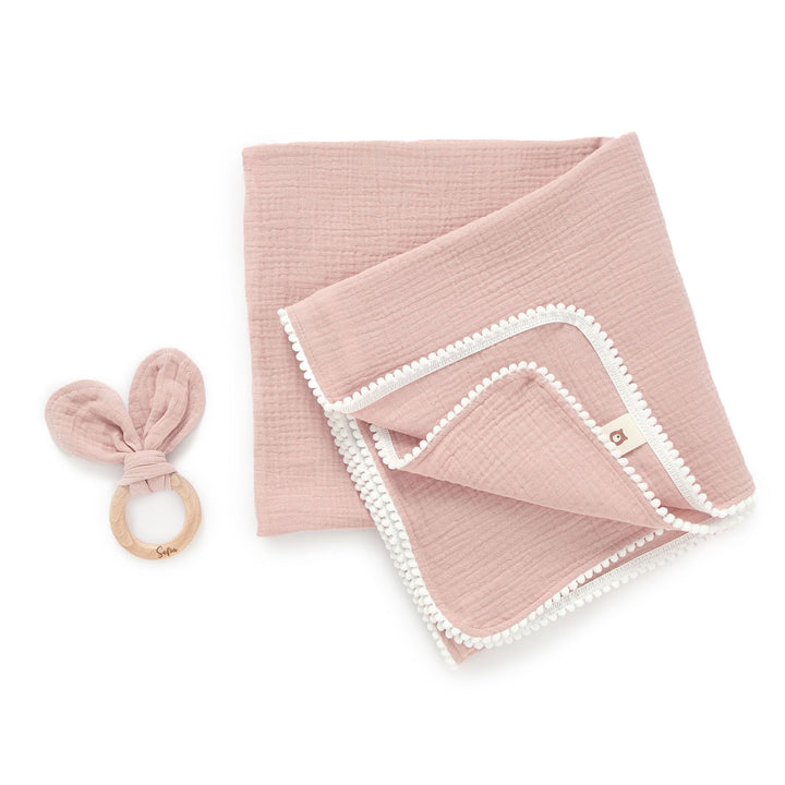 JBØRN Pop Pom Swaddle Organic Muslin Blanket & Teether Set Blush Muslin - Personalisable Baby Products Sold and Personalised by JustBørn
