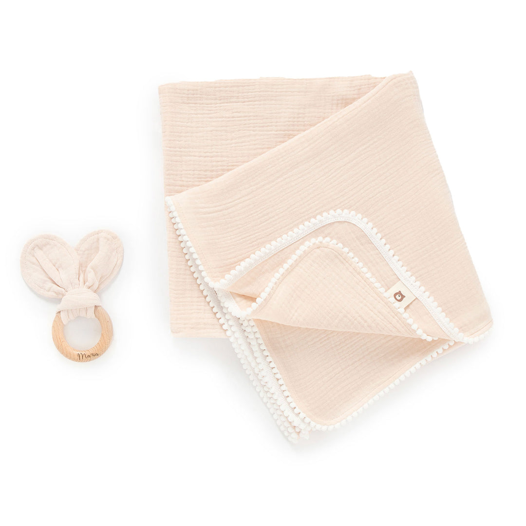 JBØRN Pop Pom Swaddle Organic Muslin Blanket & Teether Set Pink Cream Muslin - Personalisable Baby Products Sold and Personalised by JustBørn