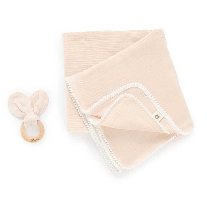 JBØRN Pop Pom Swaddle Organic Muslin Blanket & Teether Set Pink Cream Muslin - Personalisable Baby Products Sold and Personalised by JustBørn