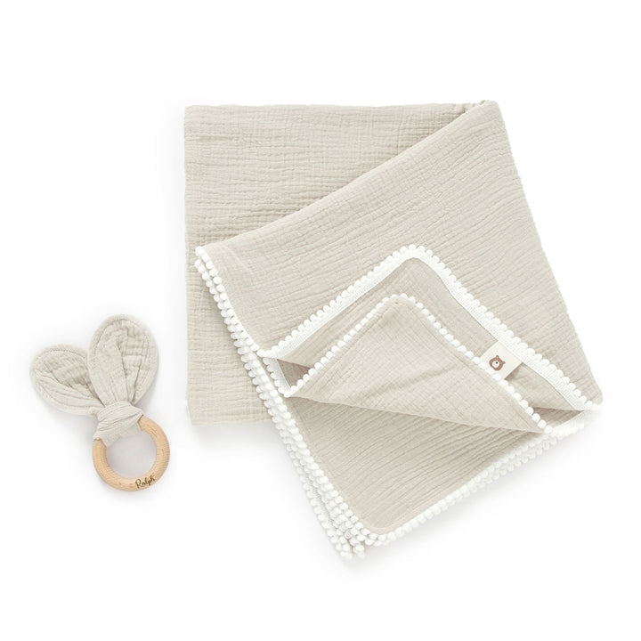 JBØRN Pop Pom Swaddle Organic Muslin Blanket & Teether Set Sandstone Muslin - Personalisable Baby Products Sold and Personalised by JustBørn