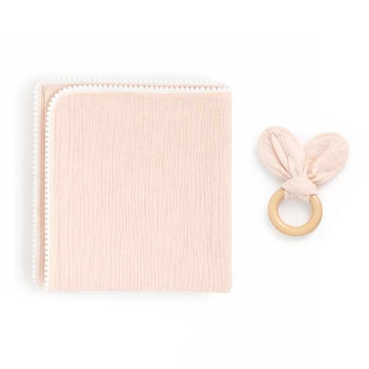 JBØRN Muslin Blanket & Wooden Teether Set | Organic Cotton Baby Swaddle Pink Cream Swaddle Set - Personalisable Baby Products Sold and Personalised by JustBørn