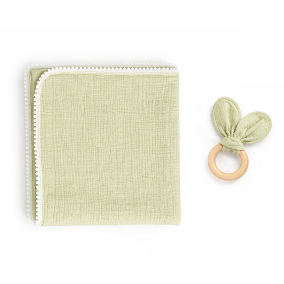 JBØRN Muslin Blanket & Wooden Teether Set | Organic Cotton Baby Swaddle Pistachio Swaddle Set - Personalisable Baby Products Sold and Personalised by JustBørn