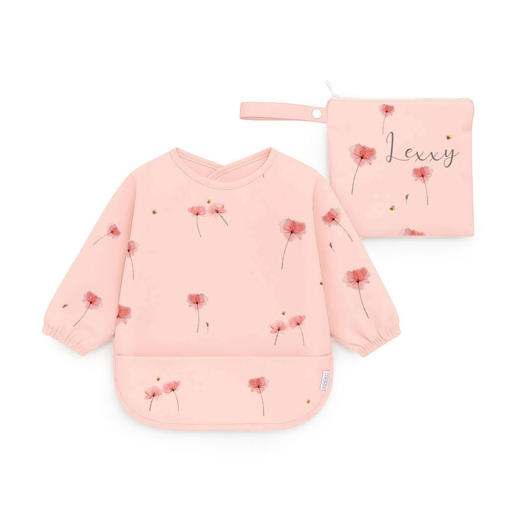 JBØRN Long Sleeve Baby Feeding Bib with Personalised Travel Bag Poppy Flowers Yes - Personalisable Baby Products Sold and Personalised by JustBørn