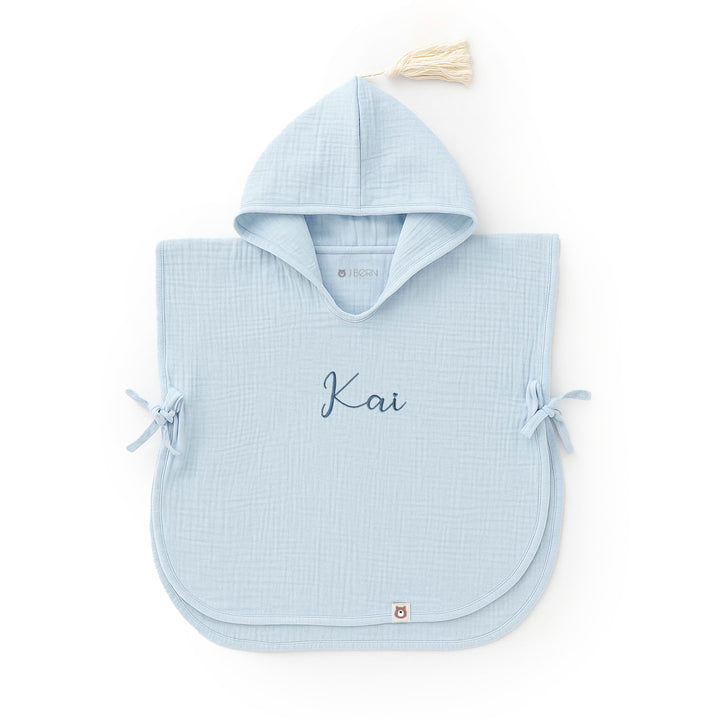 JBØRN Organic Cotton Muslin Hooded Poncho Powder Blue - Personalisable Baby Products Sold and Personalised by JustBørn
