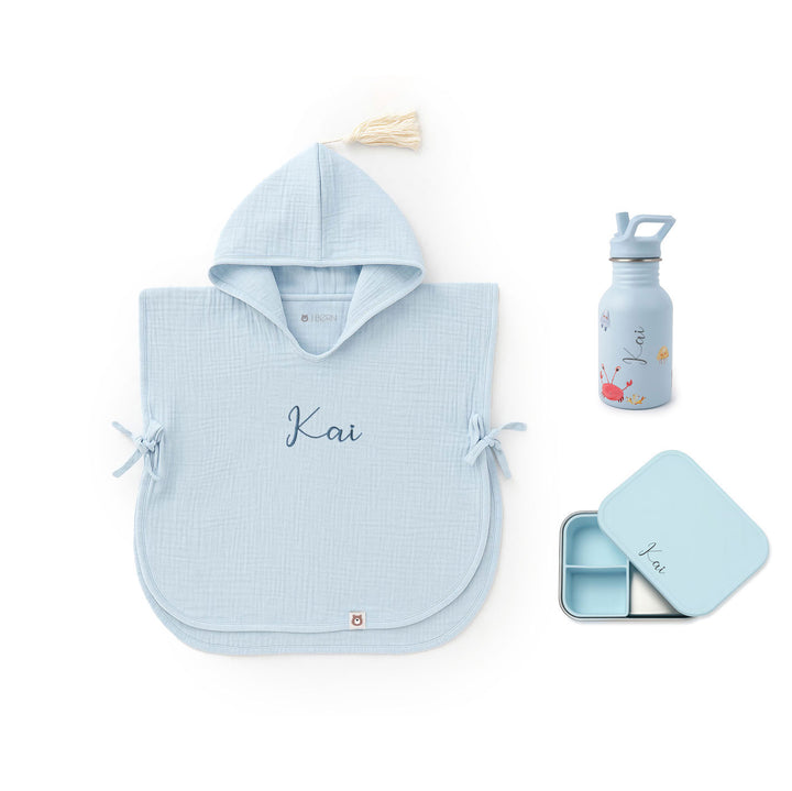 JBØRN Summer Gift Box | Hooded Poncho + Water Bottle + Snack Box Powder Blue - Personalisable Baby Products Sold and Personalised by JustBørn