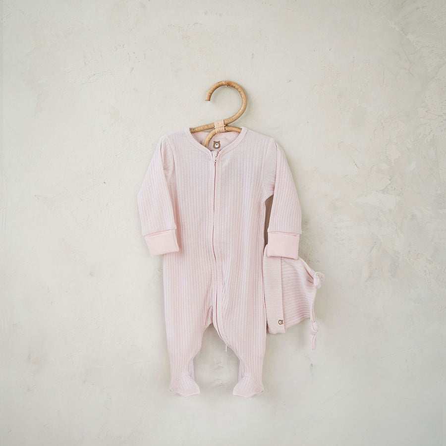 JBØRN Organic Cotton Ribbed Lightweight Sleep Suit and Hat 0-3 months Ribbed Blossom - Personalisable Baby Products Sold and Personalised by JustBørn