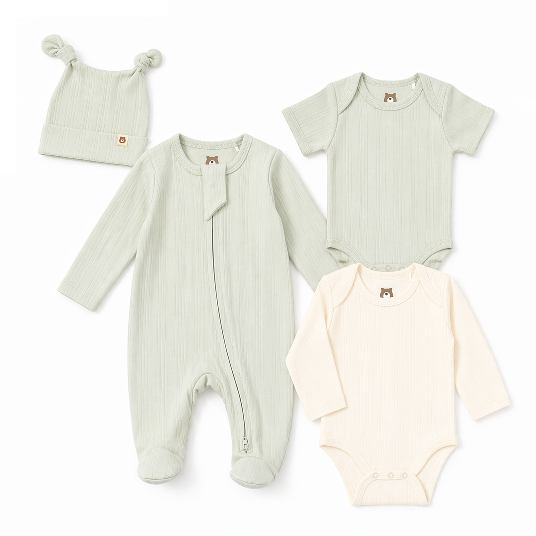 JBØRN Ribbed Bamboo Essential Bundle | 4 Pieces Sage | 4-Piece Set - Personalisable Baby Products Sold and Personalised by JustBørn