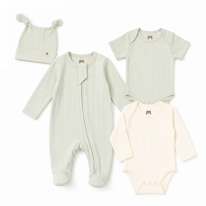 JBØRN Ribbed Bamboo Essential Bundle | 4 Pieces Sage | 4-Piece Set - Personalisable Baby Products Sold and Personalised by JustBørn