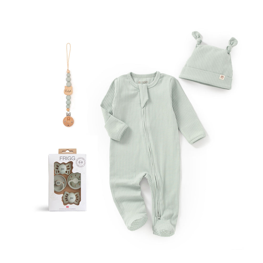 JBØRN x FRIGG Baby Gift Set | Organic Cotton Sleepsuit, First Pacifiers & Matching Clip Sage - Personalisable Baby Products Sold and Personalised by JustBørn