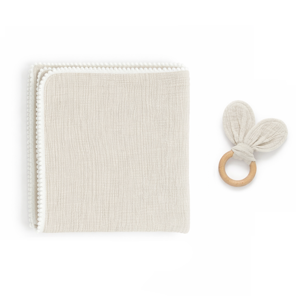 JBØRN Muslin Blanket & Wooden Teether Set | Organic Cotton Baby Swaddle Sandstone Swaddle Set - Personalisable Baby Products Sold and Personalised by JustBørn