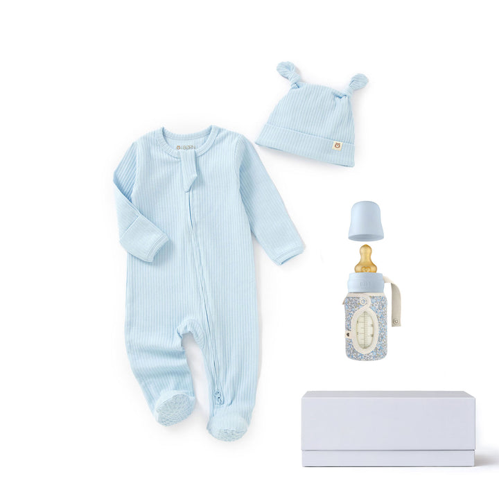 JBØRN x BIBS Baby Shower Gift Set | 0-3 Months | Organic Cotton Sleepsuit & Matching Baby Bottle Baby Blue - Personalisable Baby Products Sold and Personalised by JustBørn