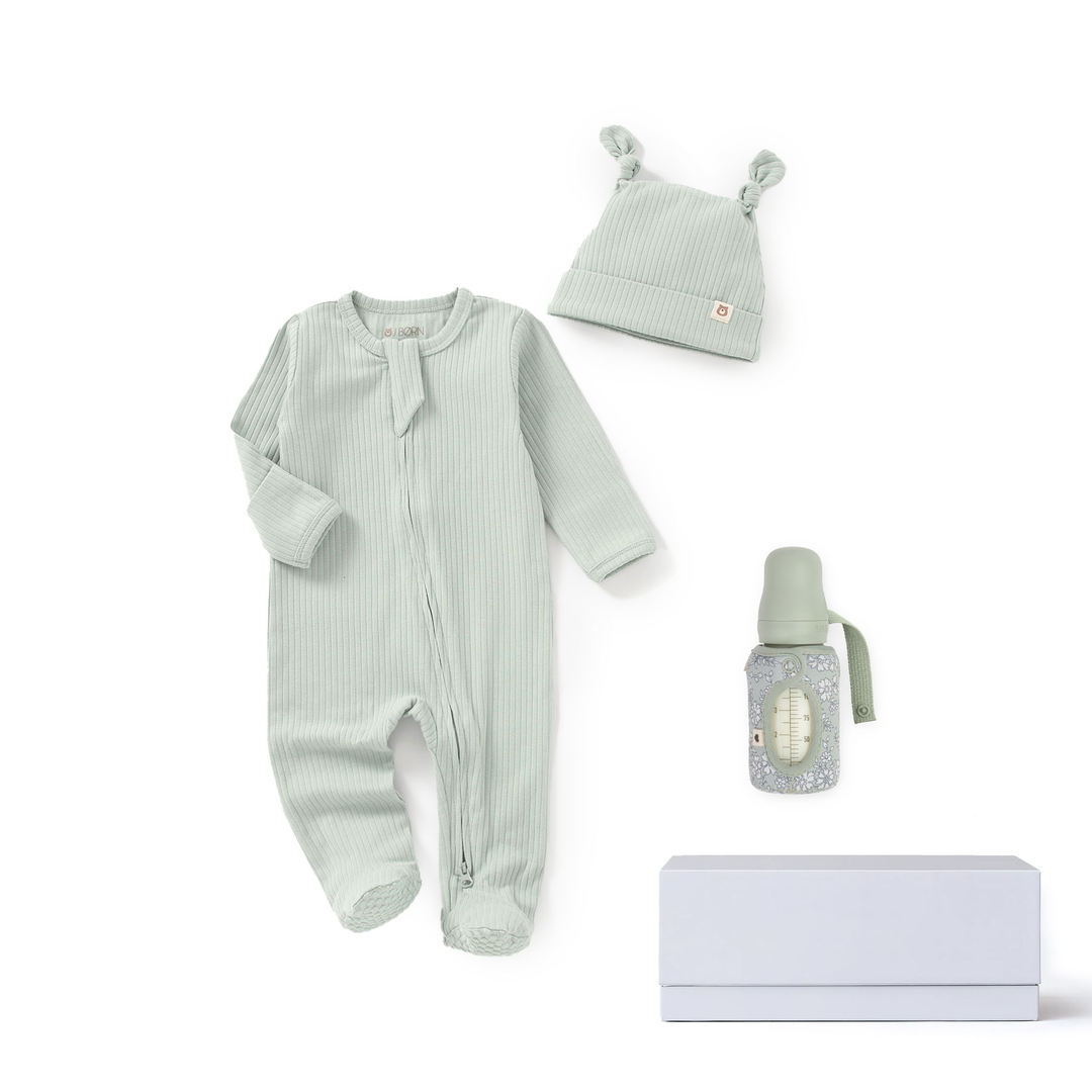 JBØRN x BIBS Baby Shower Gift Set | 0-3 Months | Organic Cotton Sleepsuit & Matching Baby Bottle Sage - Personalisable Baby Products Sold and Personalised by JustBørn