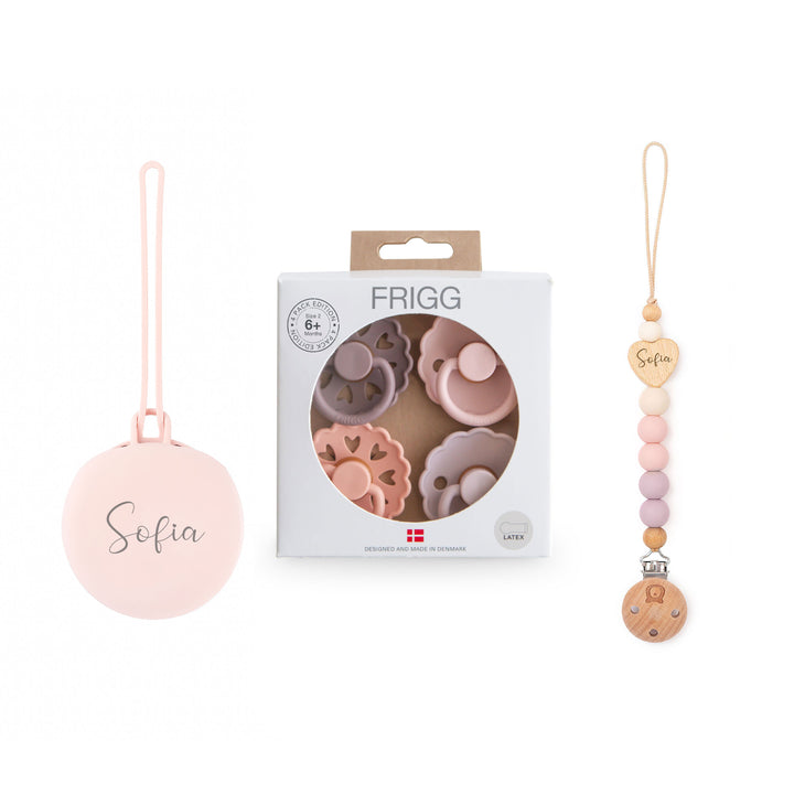 FRIGG Natural Rubber Latex Pacifier Pack of 4 & Personalised Matching Holders Sunset Bliss Yes - Personalisable Baby Products Sold and Personalised by JustBørn