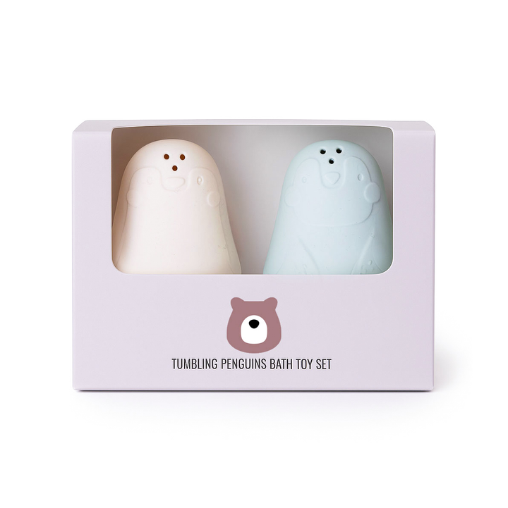 JBØRN Tumbling Penguins Bath Toy Set Tumbling Penguins | Ivory & Seafoam - Personalisable Baby Products Sold and Personalised by JustBørn