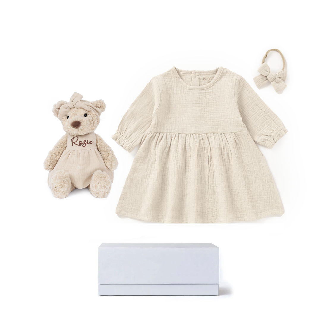 JBØRN Personalised Teddy & Matching Baby Dress | New Baby Girl Gift Set Vanilla Muslin Dress Set - Personalisable Baby Products Sold and Personalised by JustBørn