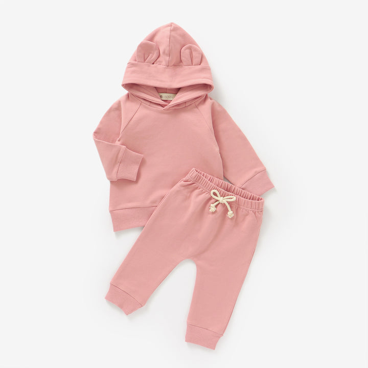 JBØRN Organic Cotton Baby Teddy Ears Hoodie & Joggers Set | Personalisable Powder Blush - Personalisable Baby Products Sold and Personalised by JustBørn