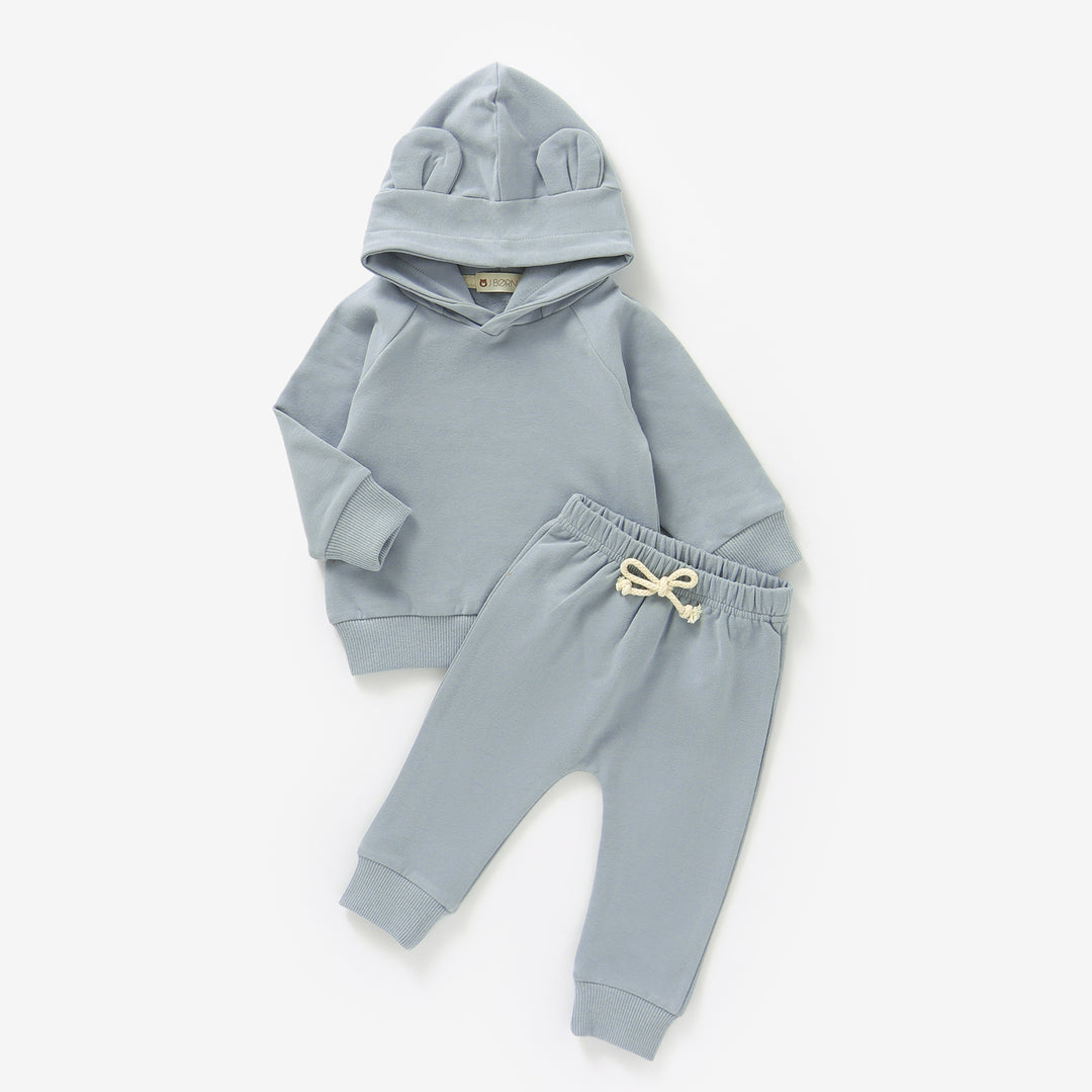 JBØRN Organic Cotton Baby Teddy Ears Hoodie & Joggers Set | Personalisable Stone Blue - Personalisable Baby Products Sold and Personalised by JustBørn